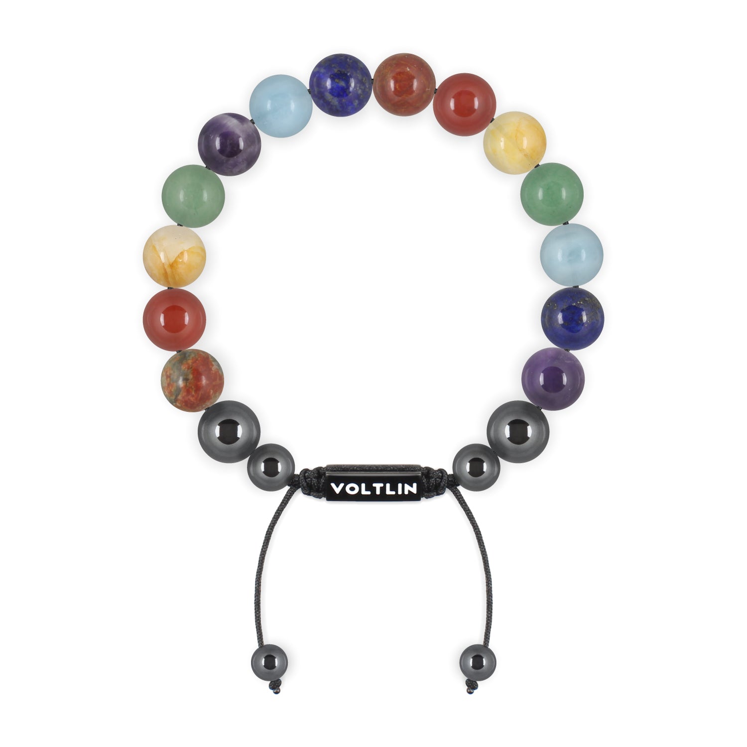 Top view of a 10mm 7 Chakra beaded shamballa bracelet featuring Red Creek Jasper, Carnelian, Citrine, Green Aventurine, Aquamarine, Lapis Lazuli, & Amethyst crystal and black stainless steel logo bead made by Voltlin