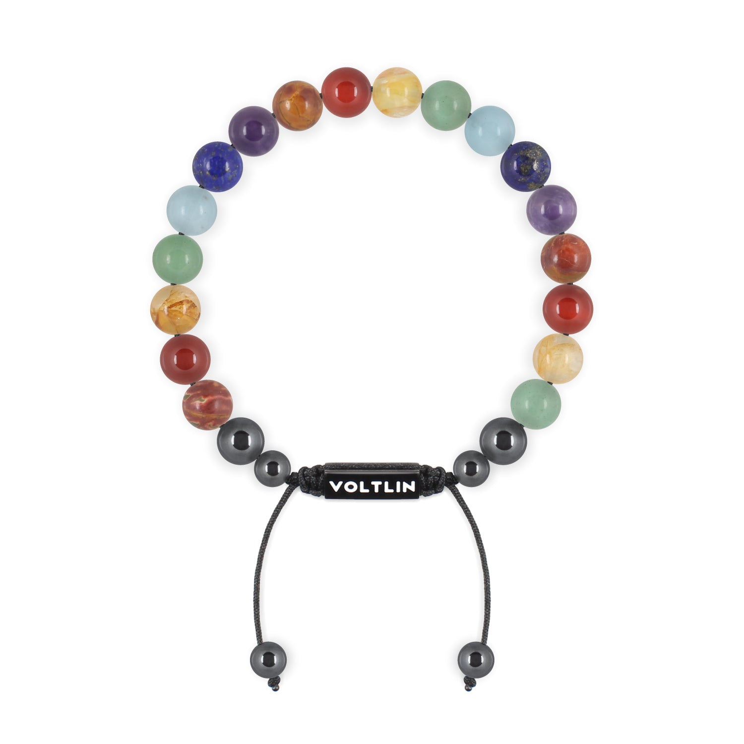 Top view of an 8mm 7 Chakra beaded shamballa bracelet featuring Red Creek Jasper, Carnelian, Citrine, Green Aventurine, Aquamarine, Lapis Lazuli, & Amethyst crystal and black stainless steel logo bead made by Voltlin