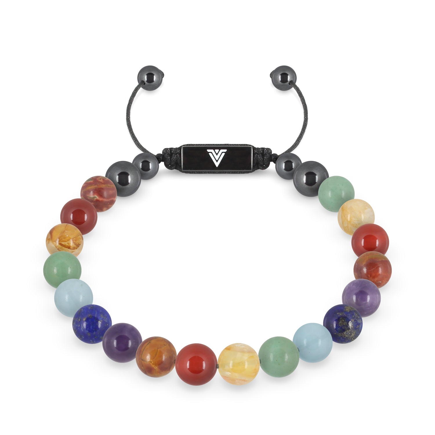 Front view of an 8mm 7 Chakra beaded shamballa bracelet featuring Red Creek Jasper, Carnelian, Citrine, Green Aventurine, Aquamarine, Lapis Lazuli, & Amethyst crystal and black stainless steel logo bead made by Voltlin