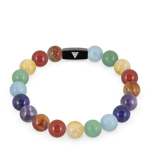 Front view of a 10mm 7 Chakra beaded stretch bracelet featuring Red Creek Jasper, Carnelian, Citrine, Green Aventurine, Aquamarine, Lapis Lazuli, & Amethyst crystal and black stainless steel logo bead made by Voltlin