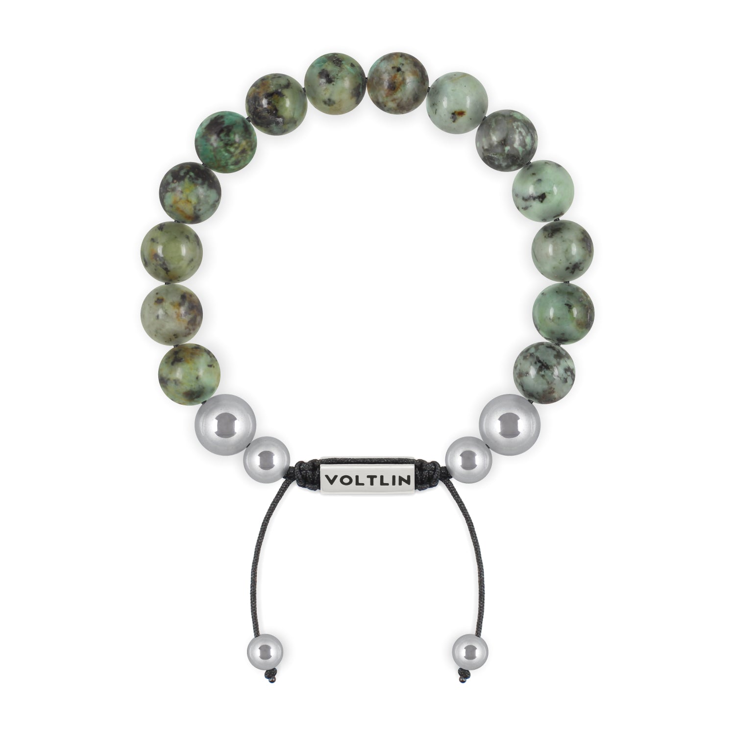 Top view of a 10mm African Turquoise beaded shamballa bracelet with silver stainless steel logo bead made by Voltlin