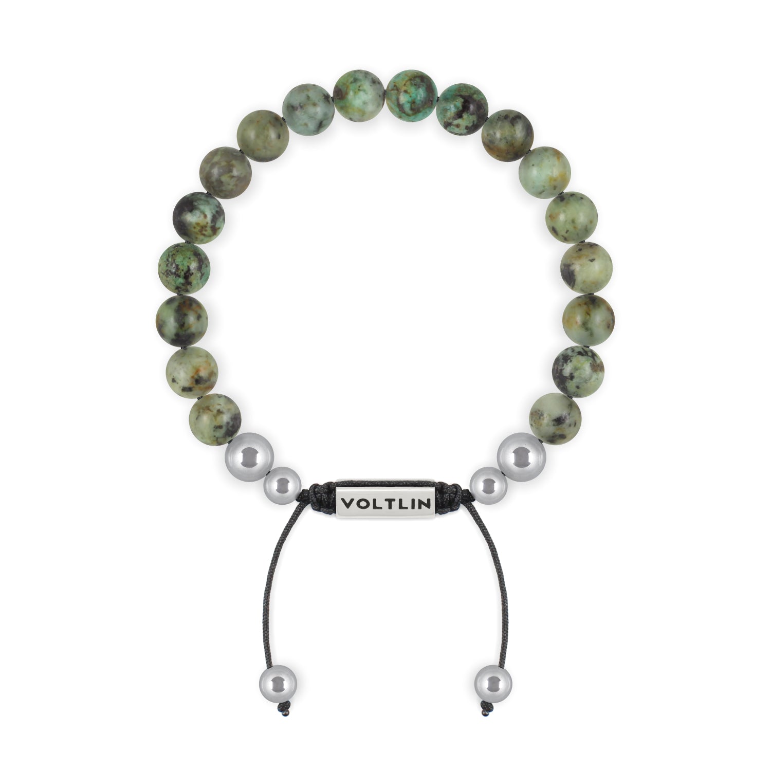 Top view of an 8mm African Turquoise beaded shamballa bracelet with silver stainless steel logo bead made by Voltlin