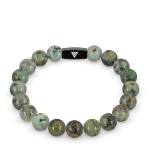 Front view of a 10mm African Turquoise crystal beaded stretch bracelet with black stainless steel logo bead made by Voltlin