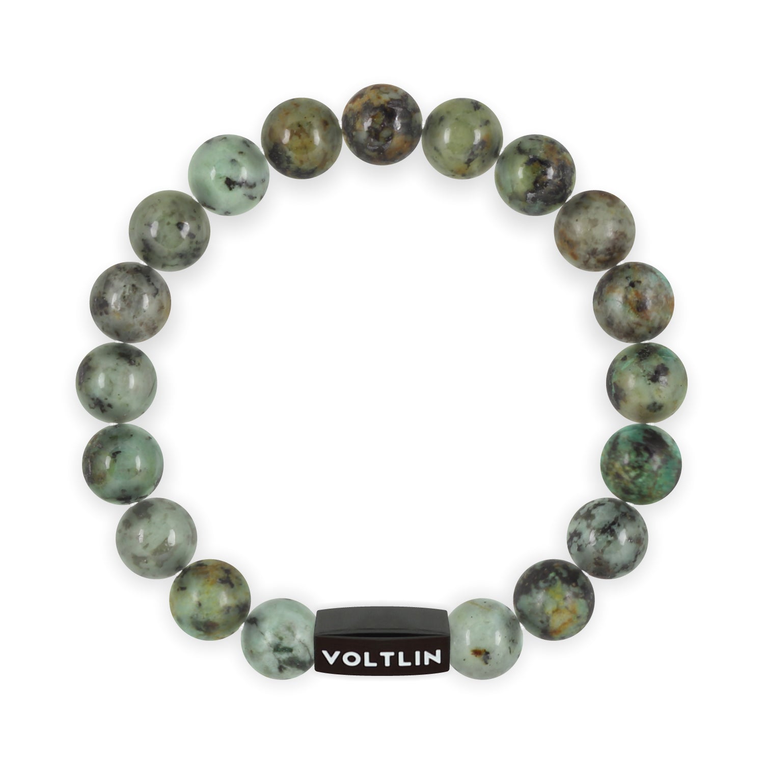Top view of a 10mm African Turquoise crystal beaded stretch bracelet with black stainless steel logo bead made by Voltlin