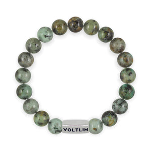 Top view of a 10 mm African Turquoise beaded stretch bracelet with silver stainless steel logo bead made by Voltlin