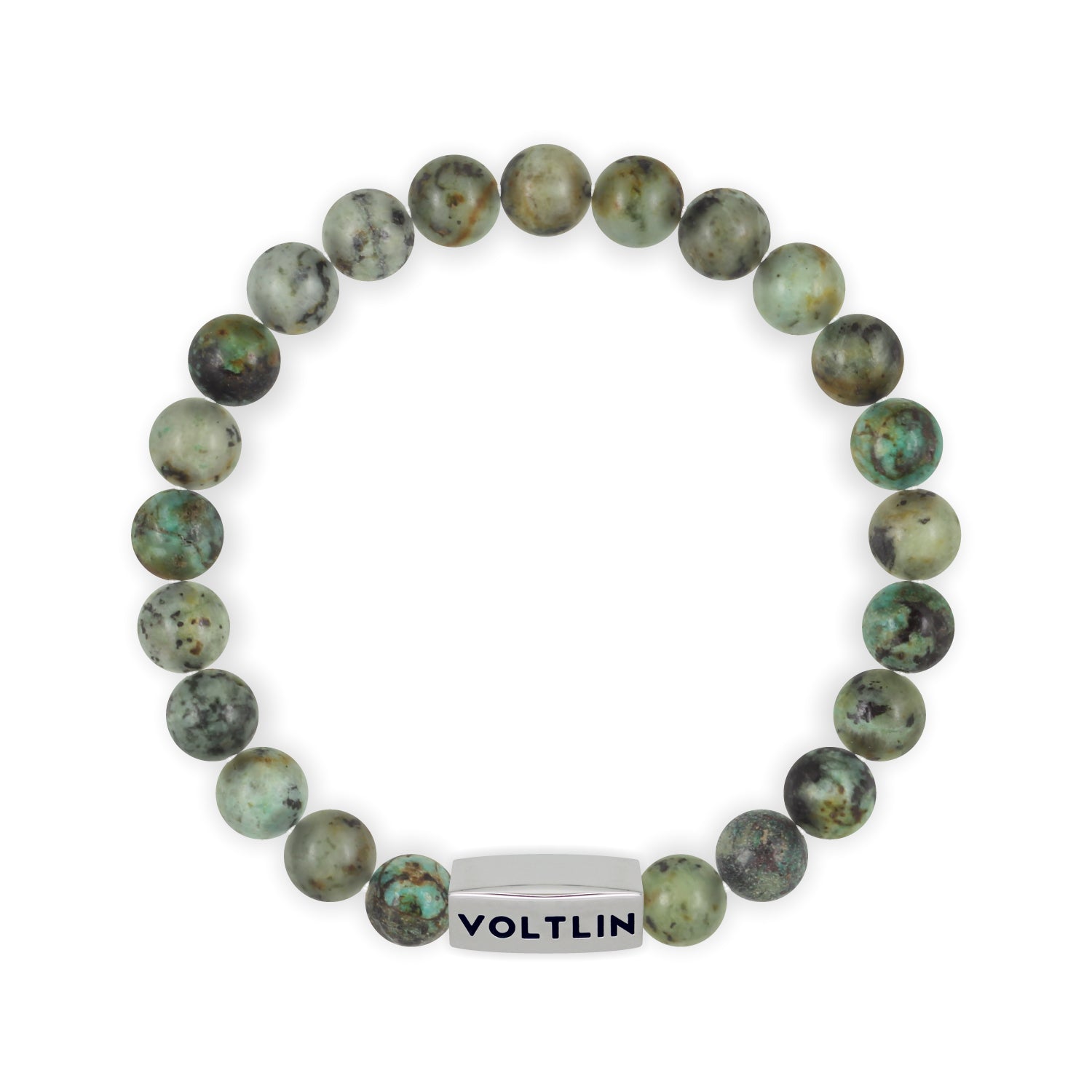 Top view of an 8 mm African Turquoise beaded stretch bracelet with silver stainless steel logo bead made by Voltlin