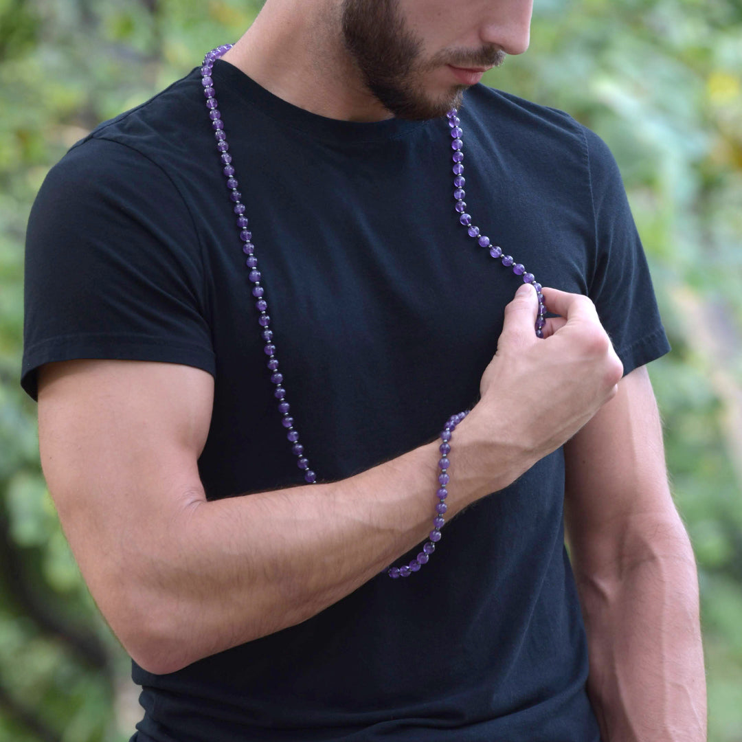 Amethyst 54 & 108 Beaded Mala Crystal & Gemstone Jewelry, Unisex, Black, VOLTLIN