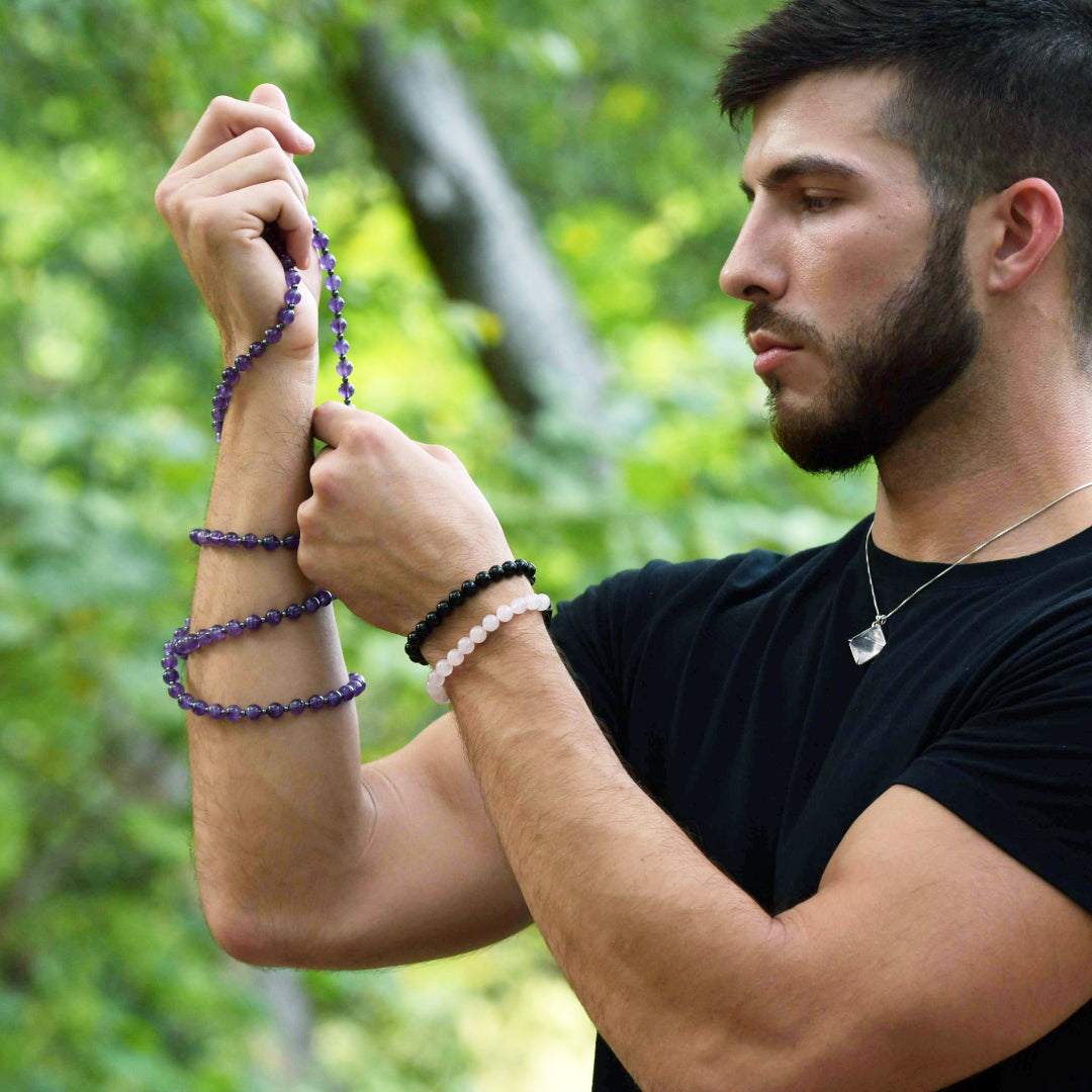Amethyst 54 & 108 Beaded Mala Crystal & Gemstone Jewelry, Unisex, Black, VOLTLIN