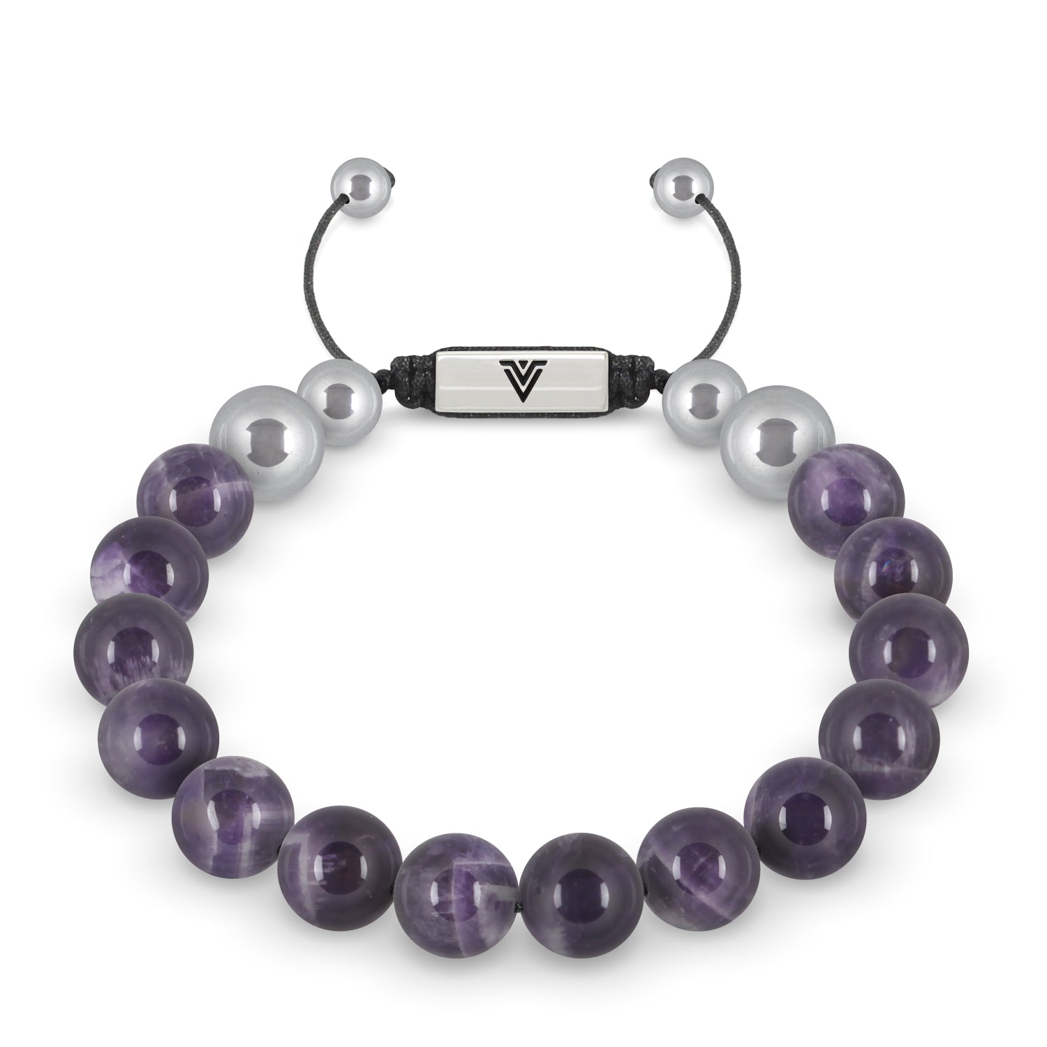 Front view of a 10mm Amethyst beaded shamballa bracelet with silver stainless steel logo bead made by Voltlin