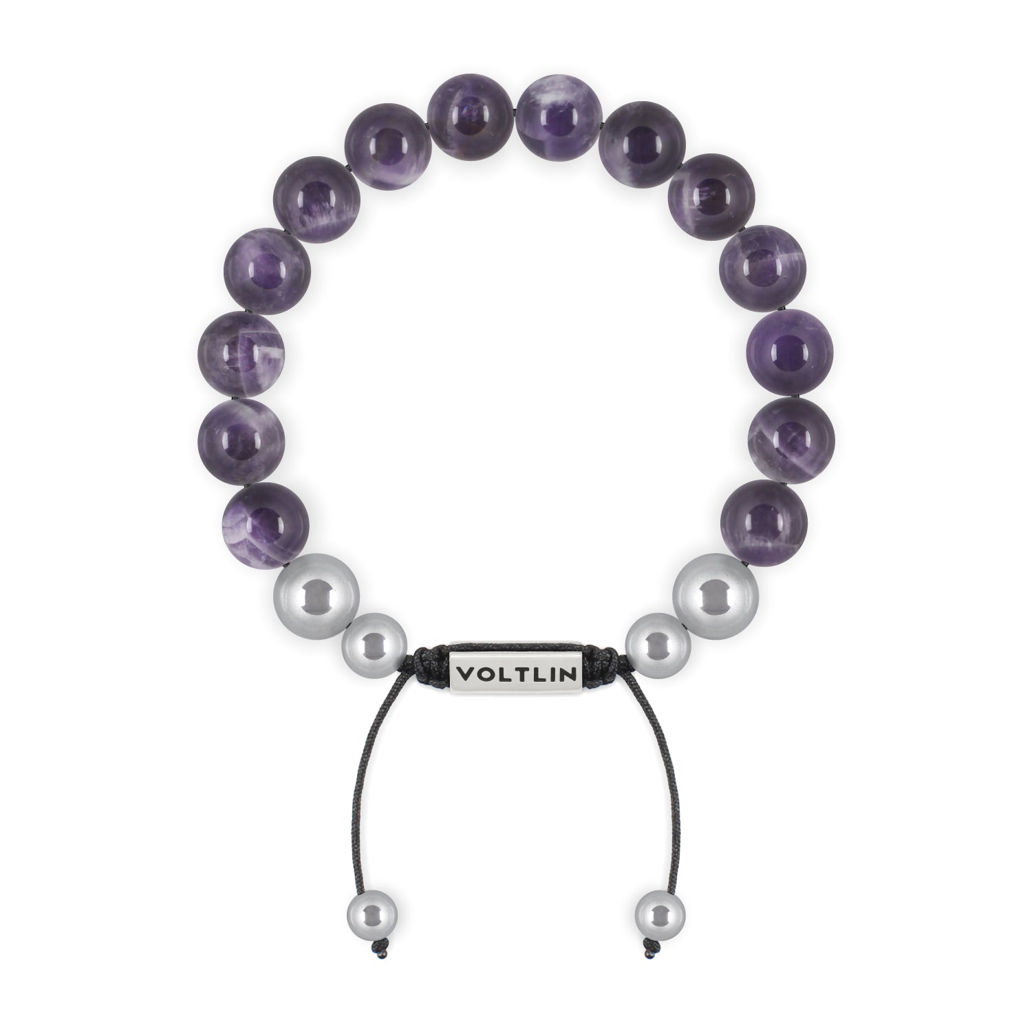 Top view of a 10mm Amethyst beaded shamballa bracelet with silver stainless steel logo bead made by Voltlin