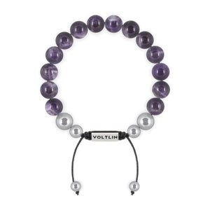 Top view of a 10mm Amethyst beaded shamballa bracelet with silver stainless steel logo bead made by Voltlin