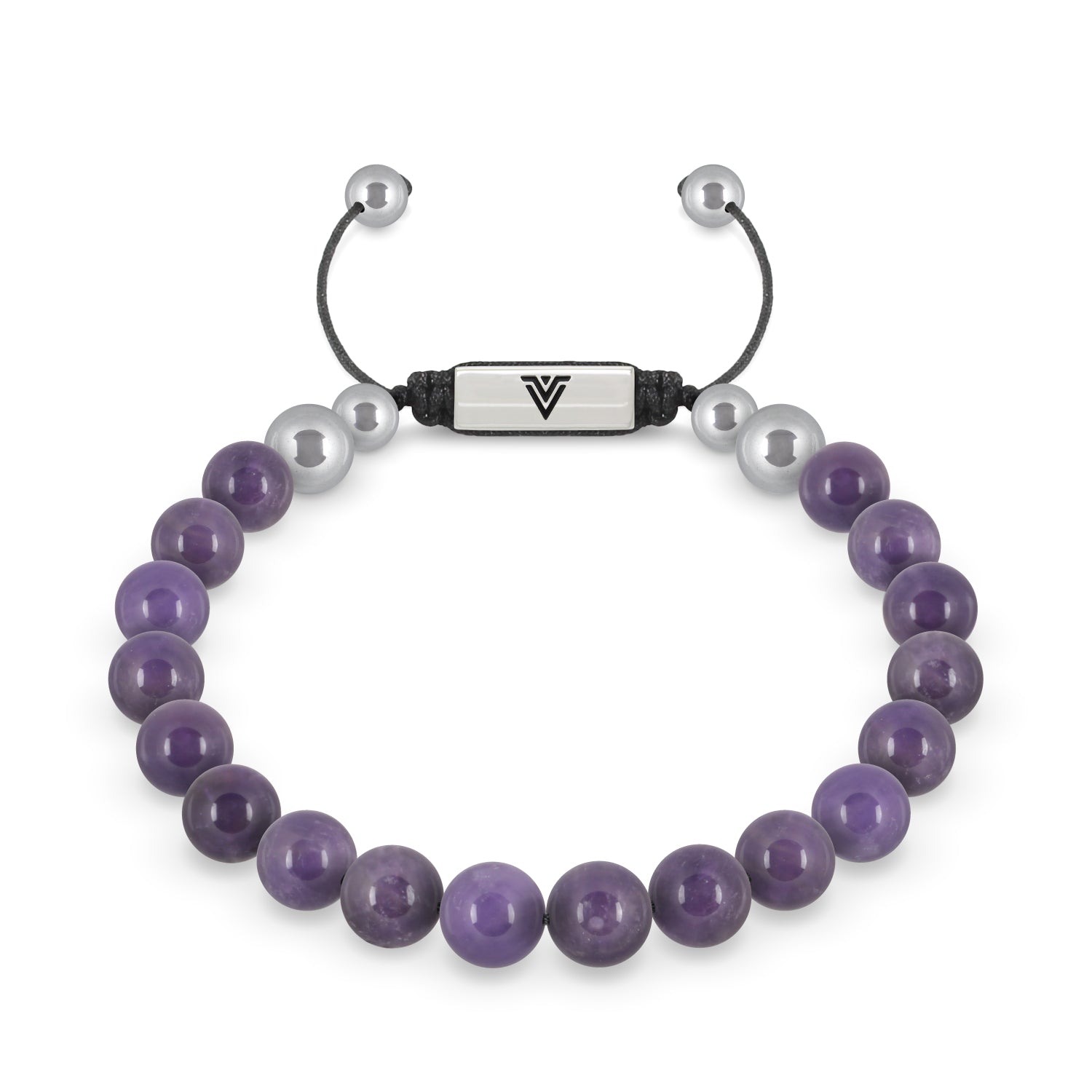 Front view of an 8mm Amethyst beaded shamballa bracelet with silver stainless steel logo bead made by Voltlin