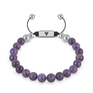 Front view of an 8mm Amethyst beaded shamballa bracelet with silver stainless steel logo bead made by Voltlin