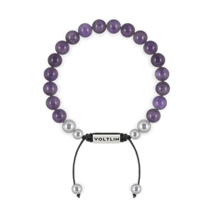 Top view of an 8mm Amethyst beaded shamballa bracelet with silver stainless steel logo bead made by Voltlin