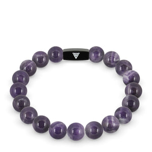 Front view of a 10mm Amethyst crystal beaded stretch bracelet with black stainless steel logo bead made by Voltlin