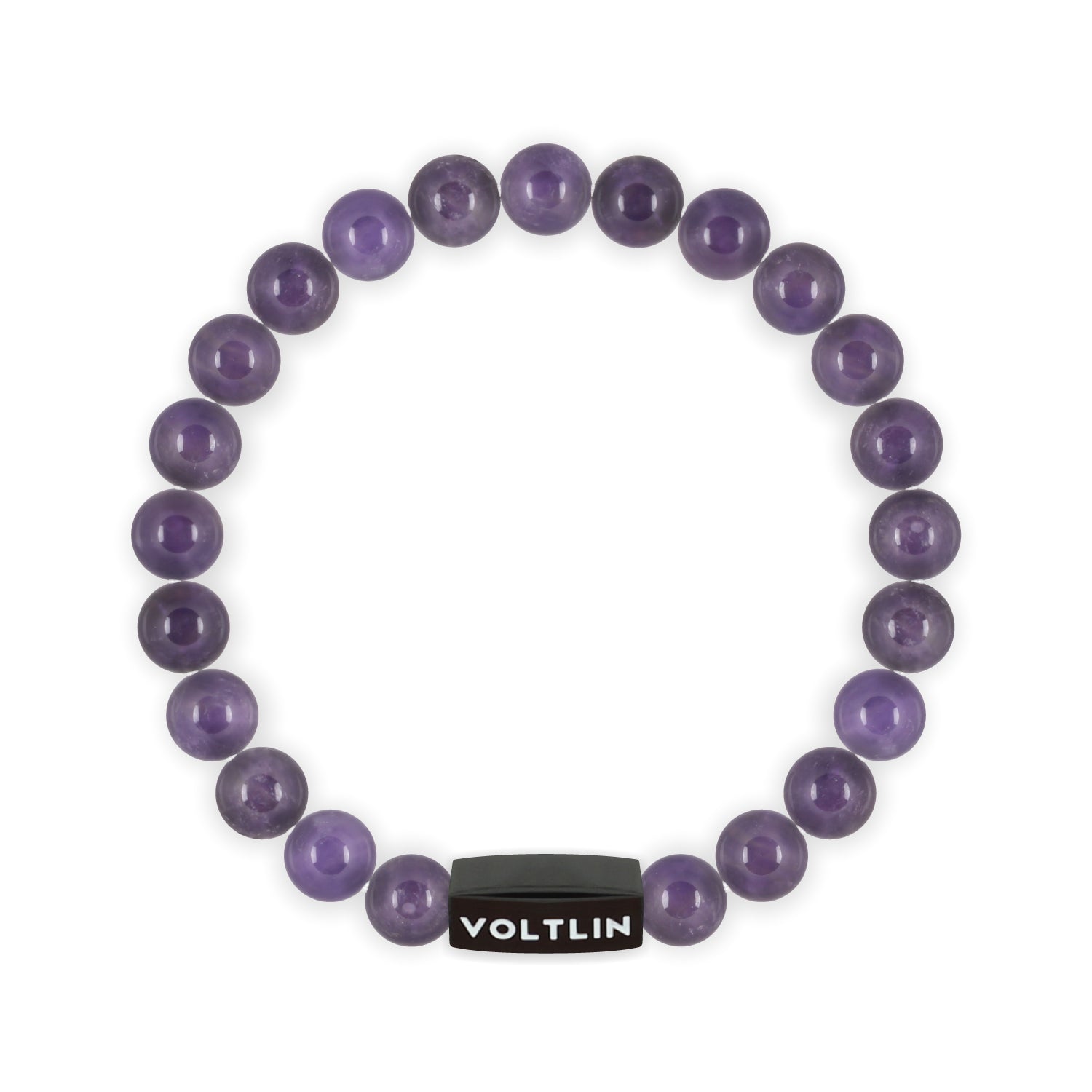 Front view of an 8mm Amethyst crystal beaded stretch bracelet with black stainless steel logo bead made by Voltlin