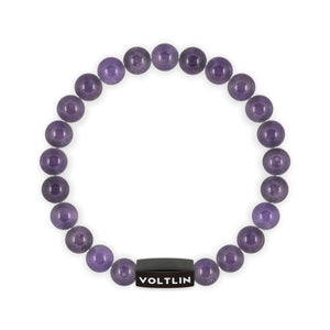 Top view of an 8mm Amethyst crystal beaded stretch bracelet with black stainless steel logo bead made by Voltlin