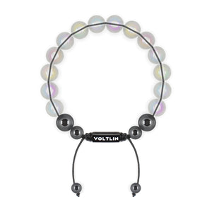 Top view of a 10mm Angel Aura Quartz crystal beaded shamballa bracelet with black stainless steel logo bead made by Voltlin