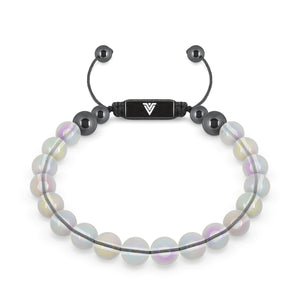Front view of an 8mm Angel Aura Quartz crystal beaded shamballa bracelet with black stainless steel logo bead made by Voltlin