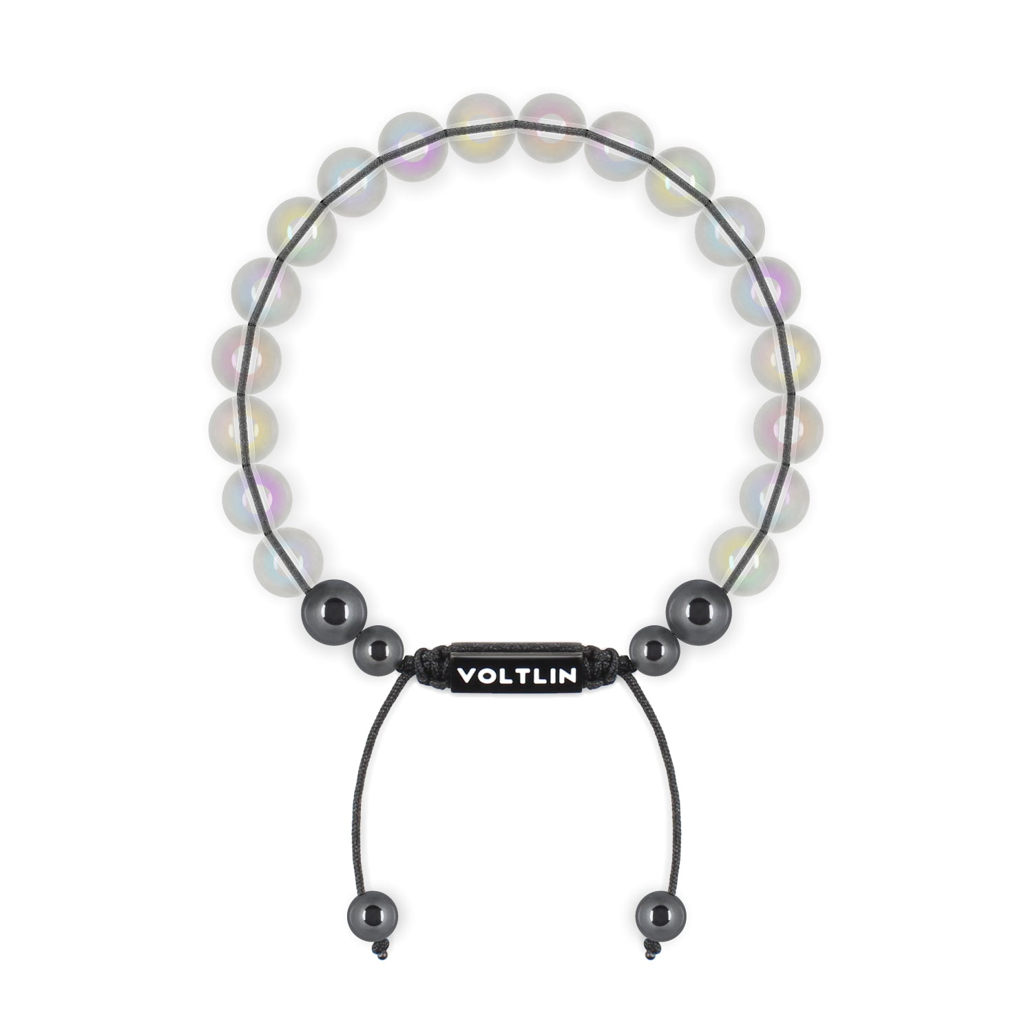Top view of an 8mm Angel Aura Quartz crystal beaded shamballa bracelet with black stainless steel logo bead made by Voltlin