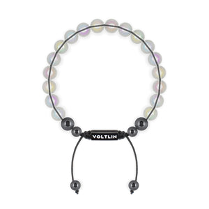Top view of an 8mm Angel Aura Quartz crystal beaded shamballa bracelet with black stainless steel logo bead made by Voltlin