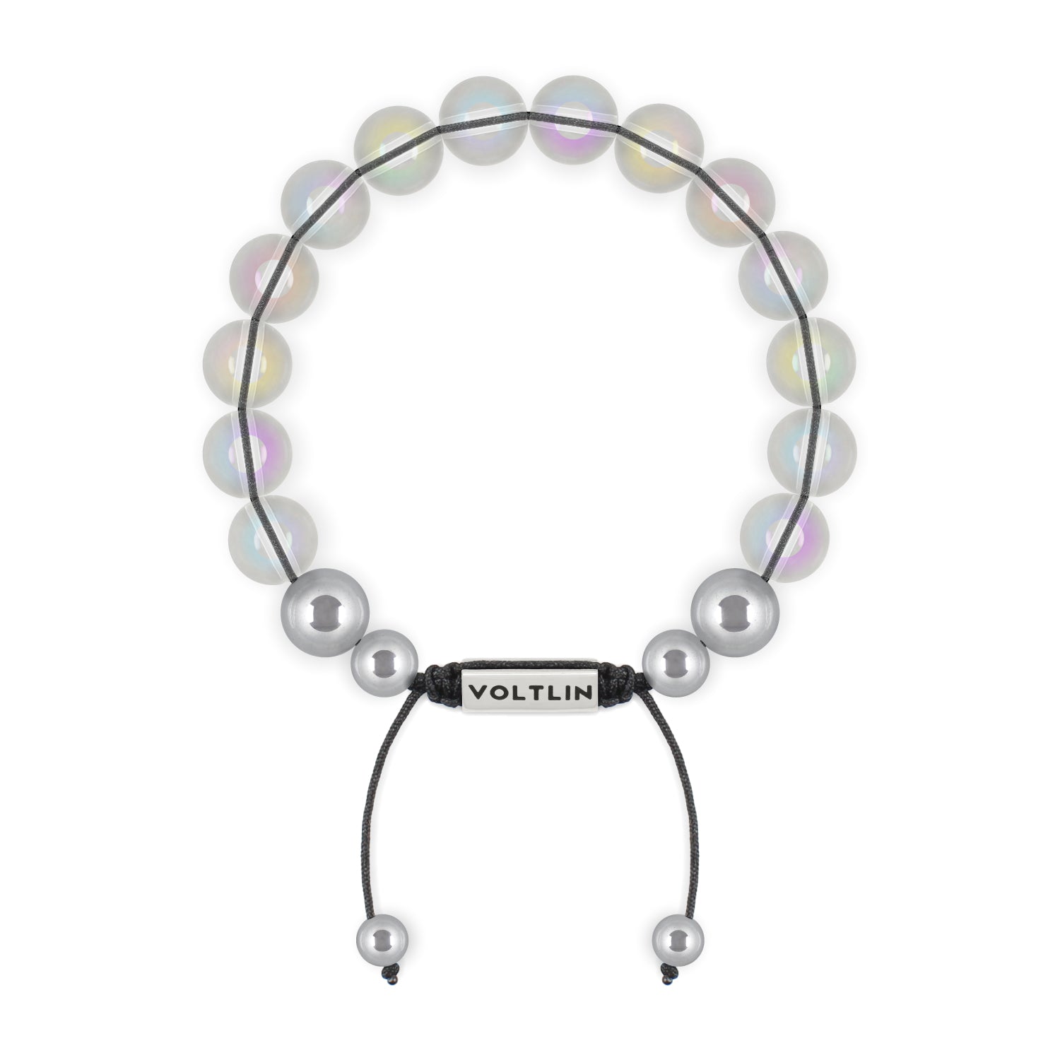 Top view of a 10mm Angel Aura Quartz beaded shamballa bracelet with silver stainless steel logo bead made by Voltlin