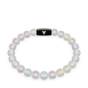 Front view of an 8mm Angel Aura Quartz crystal beaded stretch bracelet with black stainless steel logo bead made by Voltlin