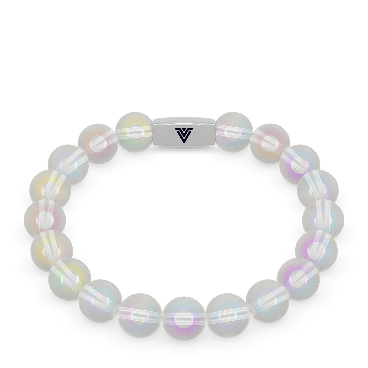 Front view of a 10mm Angel Aura Quartz beaded stretch bracelet with silver stainless steel logo bead made by Voltlin