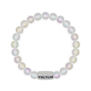 Top view of an 8mm Angel Aura Quartz beaded stretch bracelet with silver stainless steel logo bead made by Voltlin