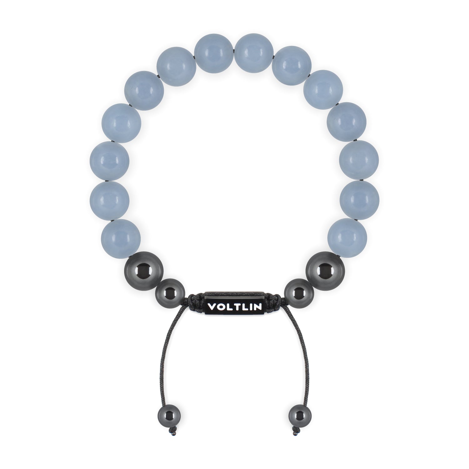 Top view of a 10mm Angelite crystal beaded shamballa bracelet with black stainless steel logo bead made by Voltlin