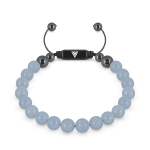 Front view of an 8mm Angelite crystal beaded shamballa bracelet with black stainless steel logo bead made by Voltlin