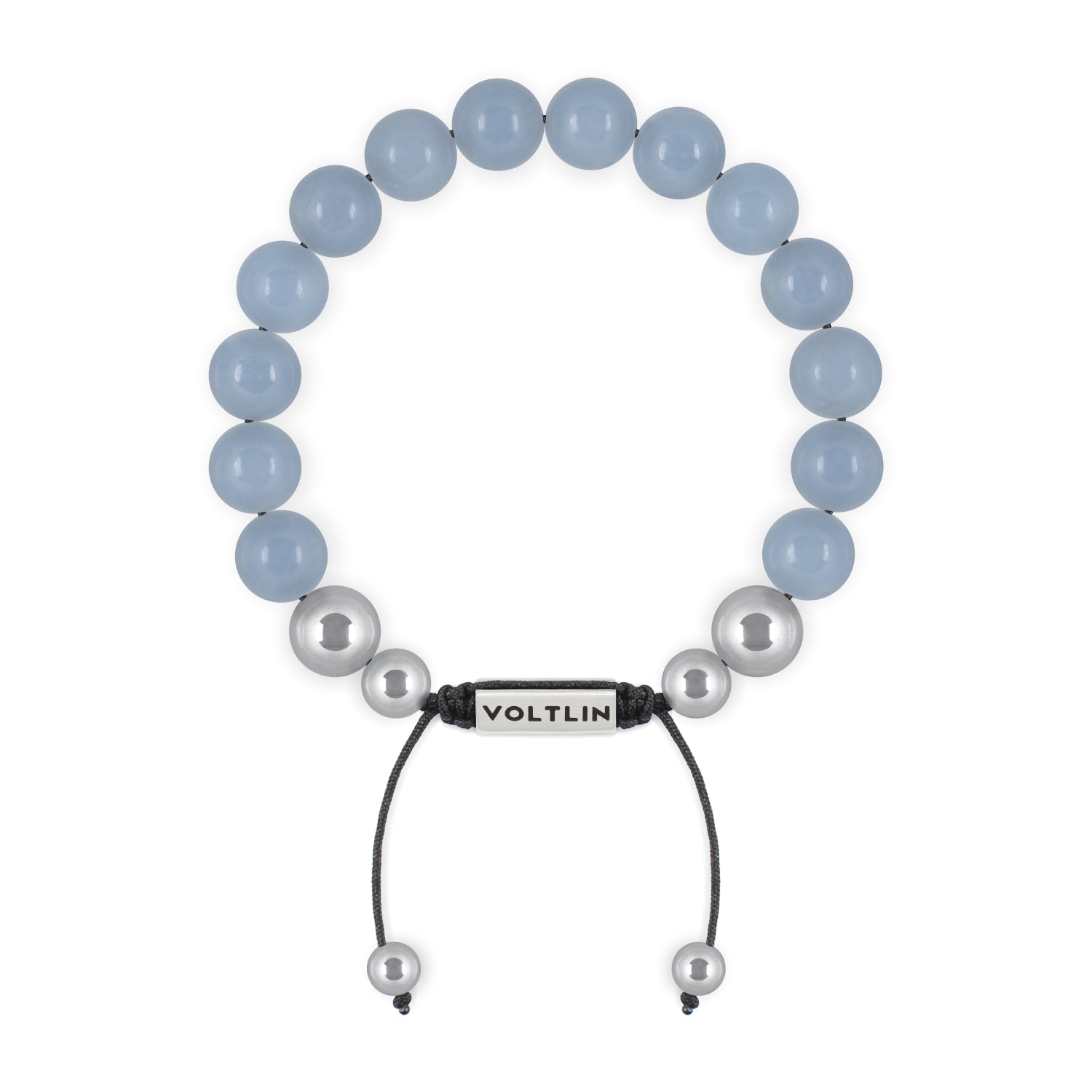 Top view of a 10mm Angelite beaded shamballa bracelet with silver stainless steel logo bead made by Voltlin