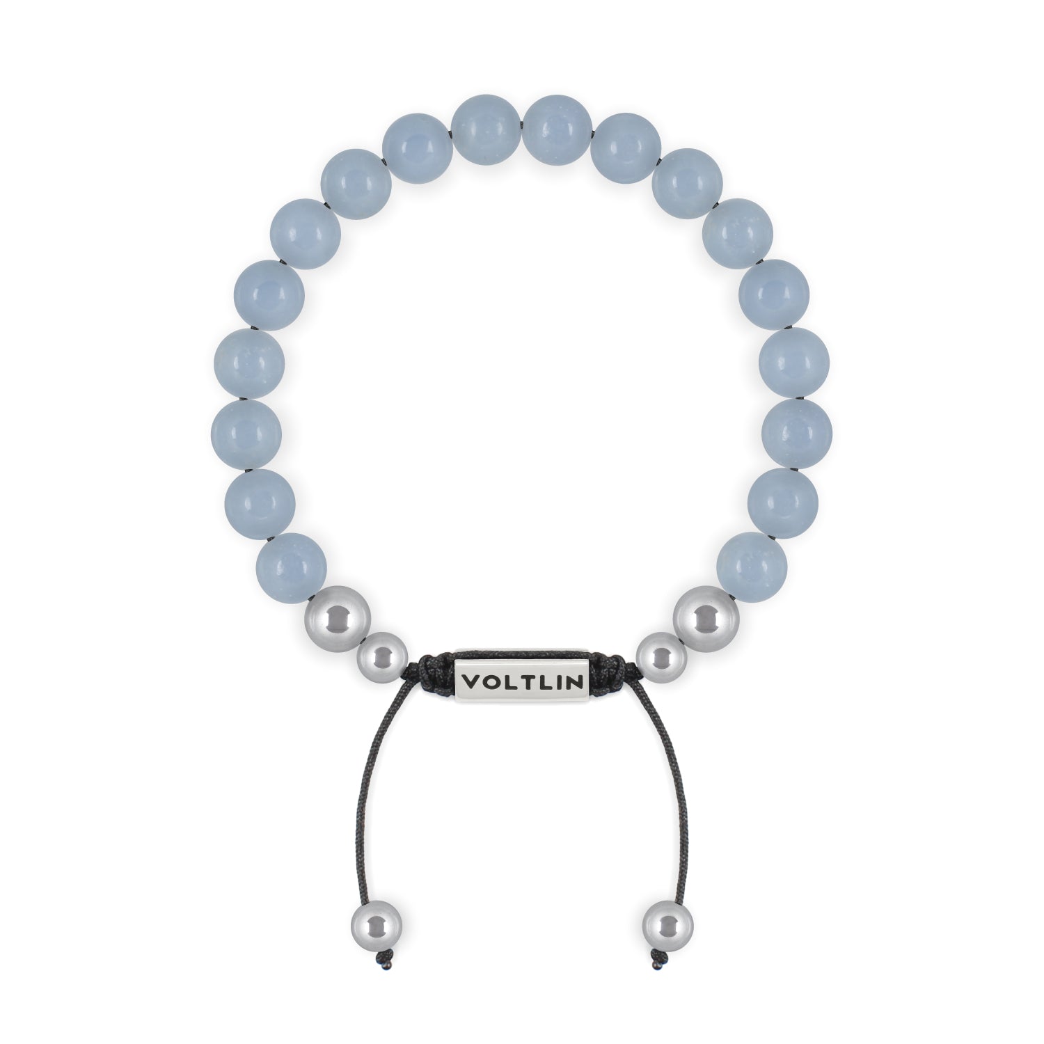 Top view of an 8mm Angelite beaded shamballa bracelet with silver stainless steel logo bead made by Voltlin
