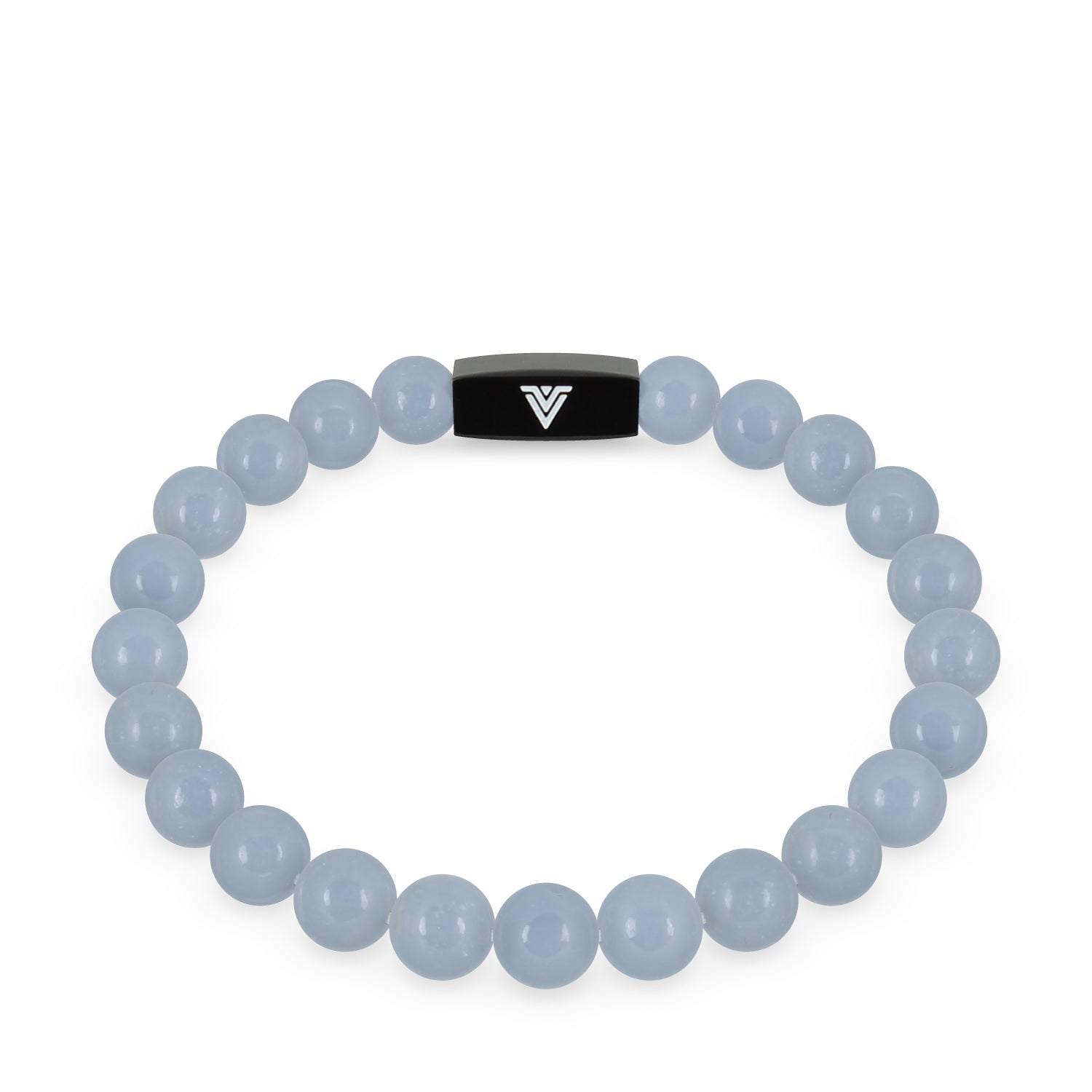 Front view of an 8mm Angelite crystal beaded stretch bracelet with black stainless steel logo bead made by Voltlin