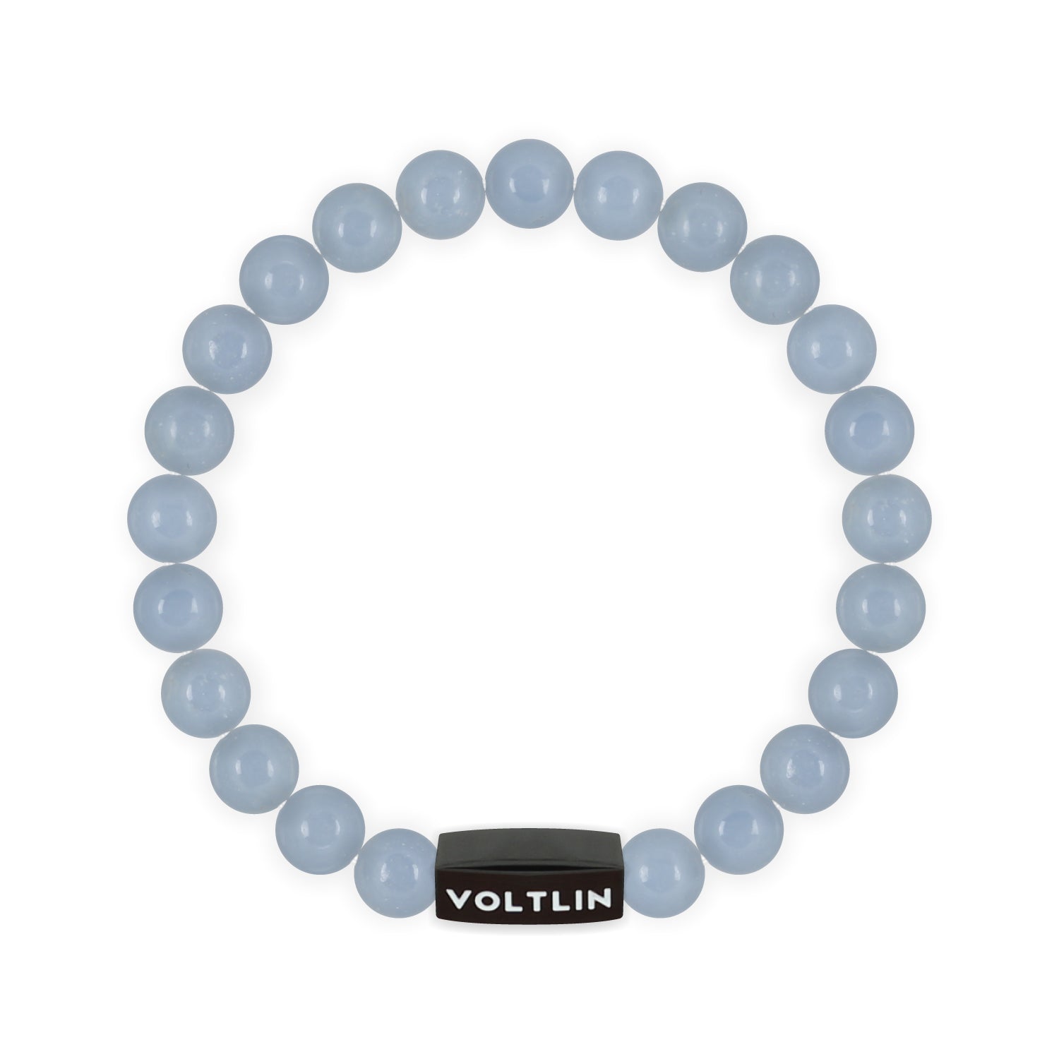 Top view of an 8mm Angelite crystal beaded stretch bracelet with black stainless steel logo bead made by Voltlin