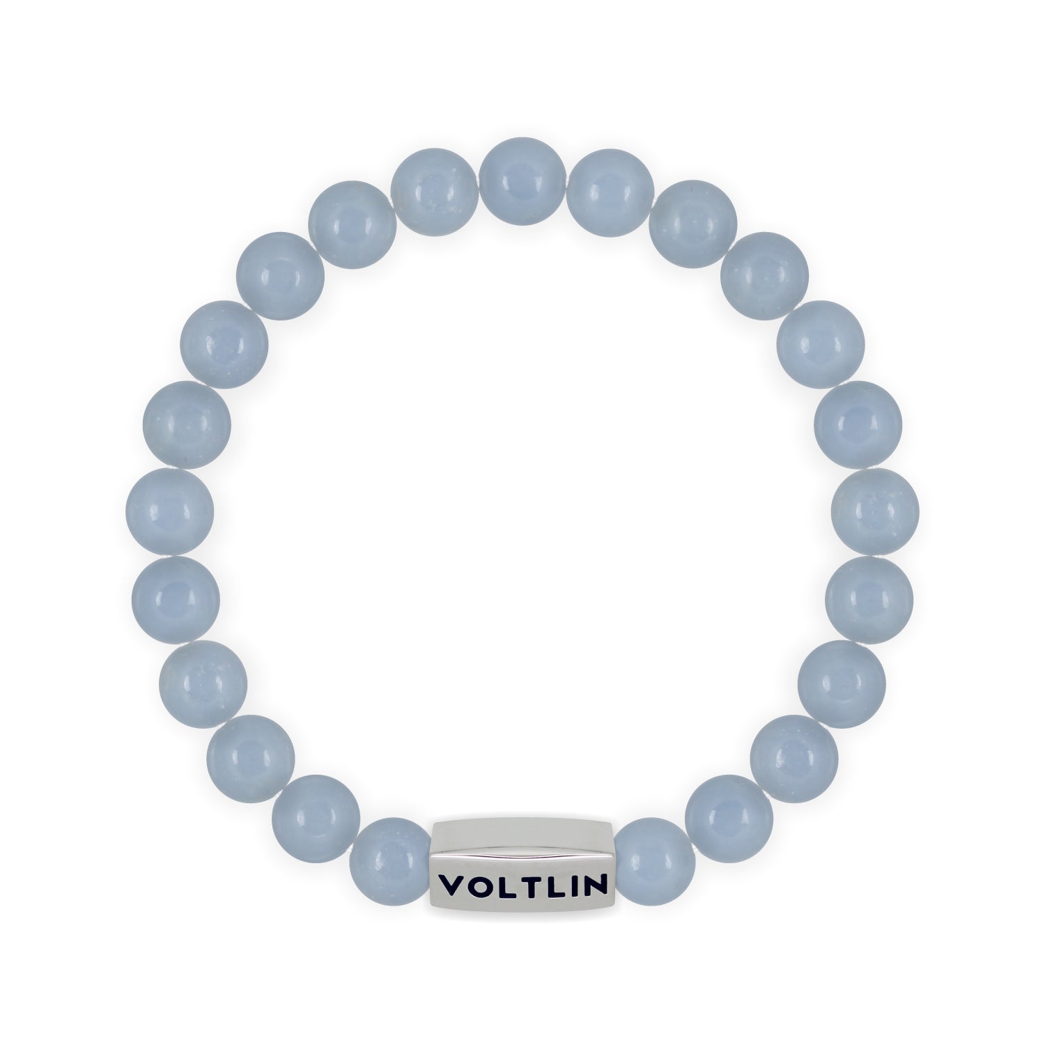 Top view of an 8mm Angelite beaded stretch bracelet with silver stainless steel logo bead made by Voltlin