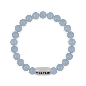 Top view of an 8mm Angelite beaded stretch bracelet with silver stainless steel logo bead made by Voltlin