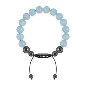 Top view of a 10mm Aquamarine crystal beaded shamballa bracelet with black stainless steel logo bead made by Voltlin