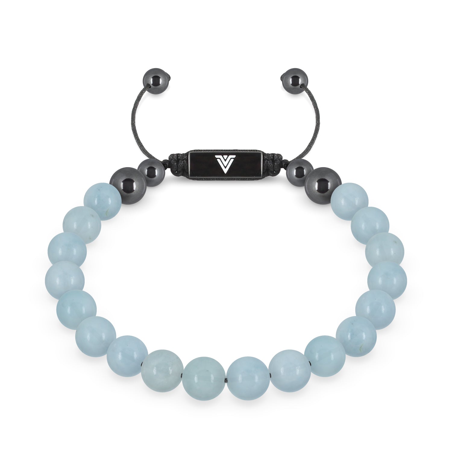 Front view of an 8mm Aquamarine crystal beaded shamballa bracelet with black stainless steel logo bead made by Voltlin