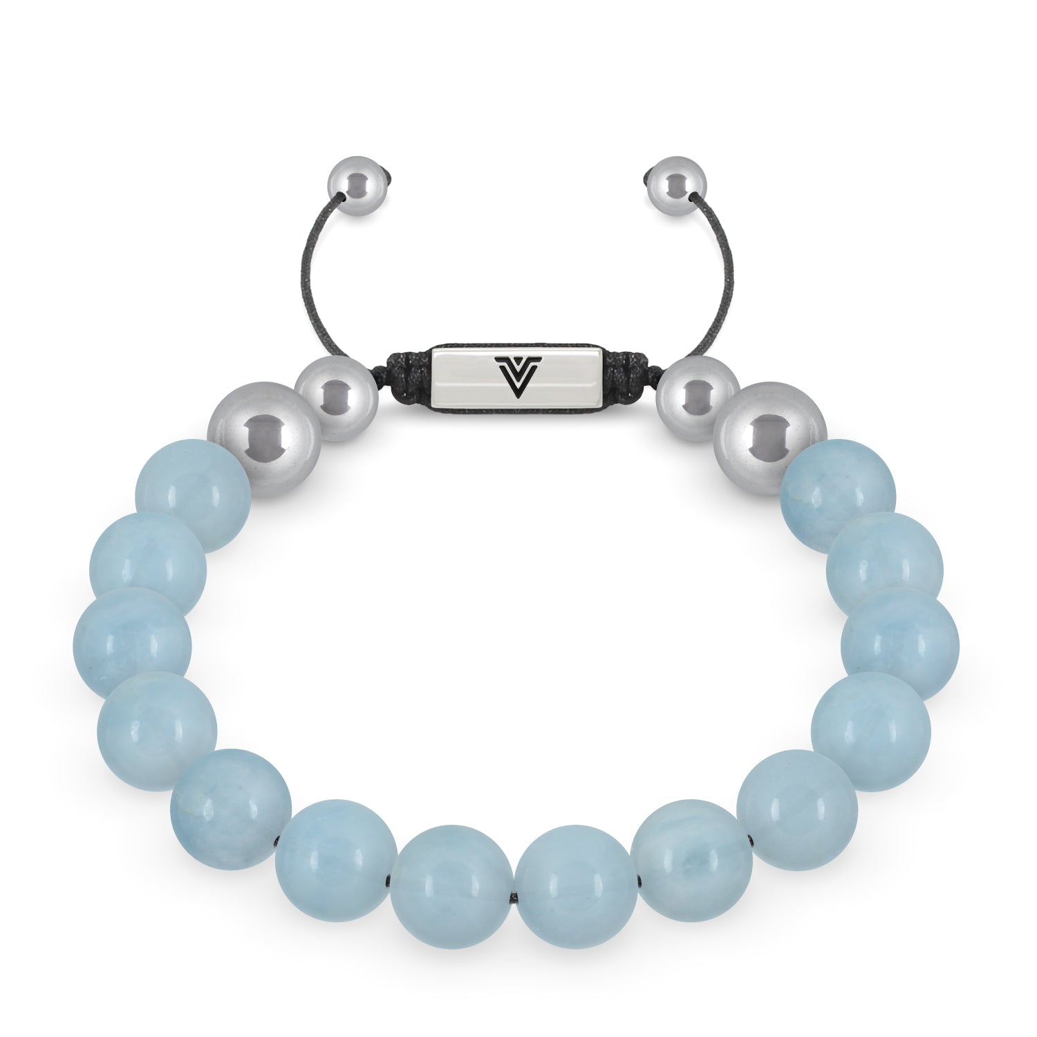 Front view of a 10mm Aquamarine beaded shamballa bracelet with silver stainless steel logo bead made by Voltlin