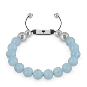 Front view of a 10mm Aquamarine beaded shamballa bracelet with silver stainless steel logo bead made by Voltlin