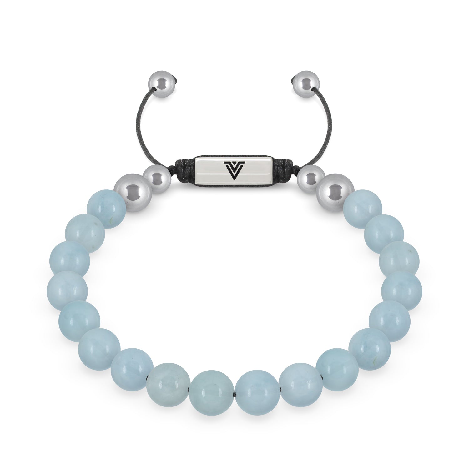 Front view of an 8mm Aquamarine beaded shamballa bracelet with silver stainless steel logo bead made by Voltlin