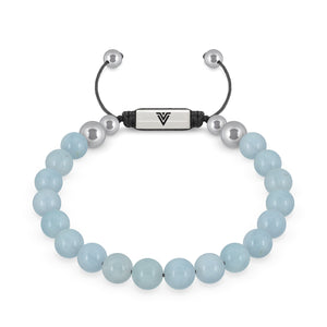 Front view of an 8mm Aquamarine beaded shamballa bracelet with silver stainless steel logo bead made by Voltlin