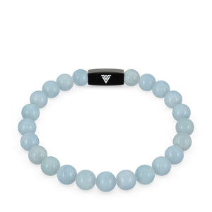 Front view of an 8mm Aquamarine crystal beaded stretch bracelet with black stainless steel logo bead made by Voltlin