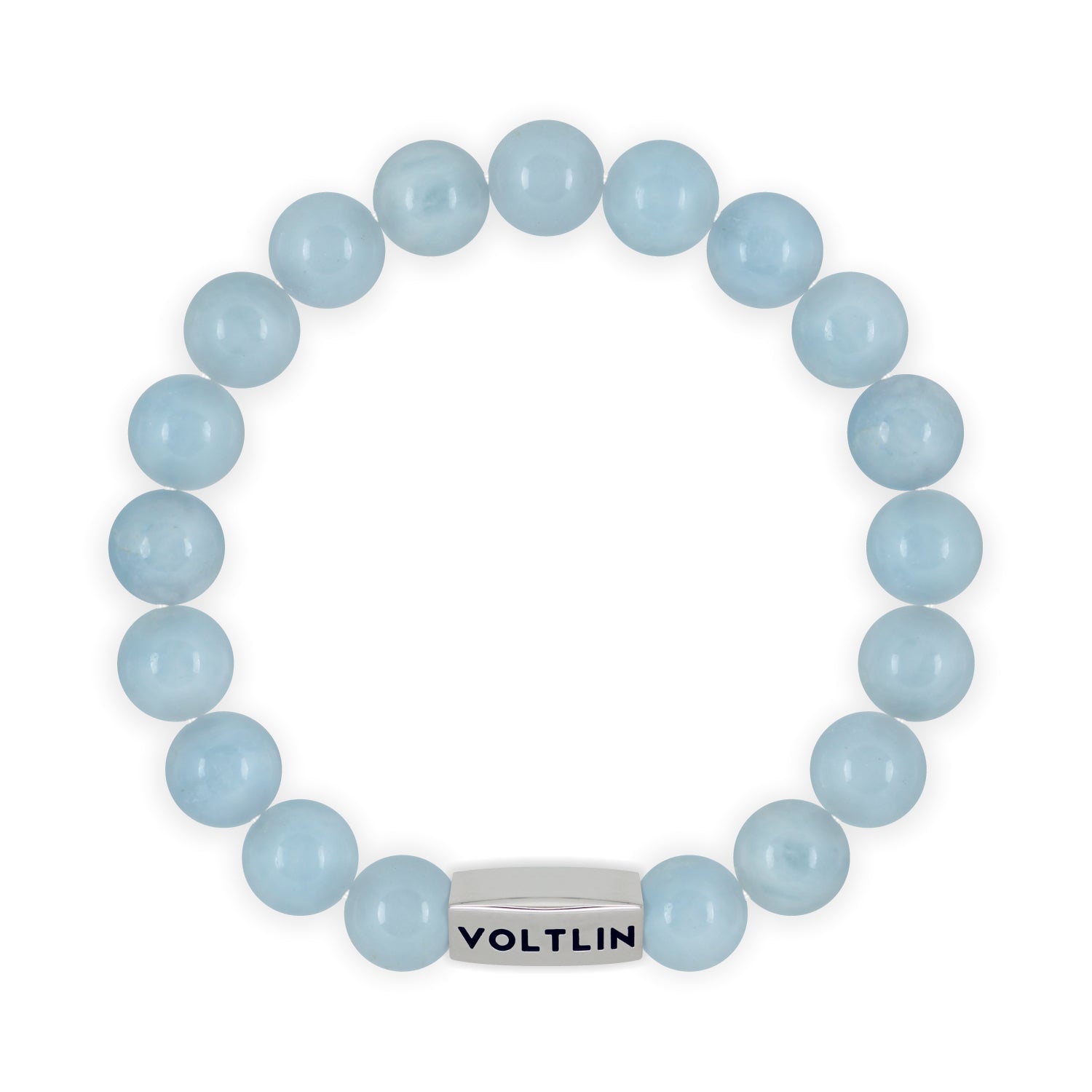 Top view of a 10mm Aquamarine beaded stretch bracelet with silver stainless steel logo bead made by Voltlin