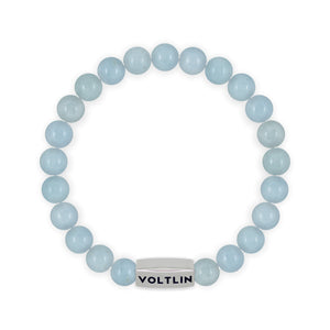 Top view of an 8mm Aquamarine beaded stretch bracelet with silver stainless steel logo bead made by Voltlin