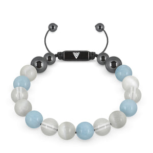Front view of a 10mm Aquarius Zodiac crystal beaded shamballa bracelet with black stainless steel logo bead made by Voltlin