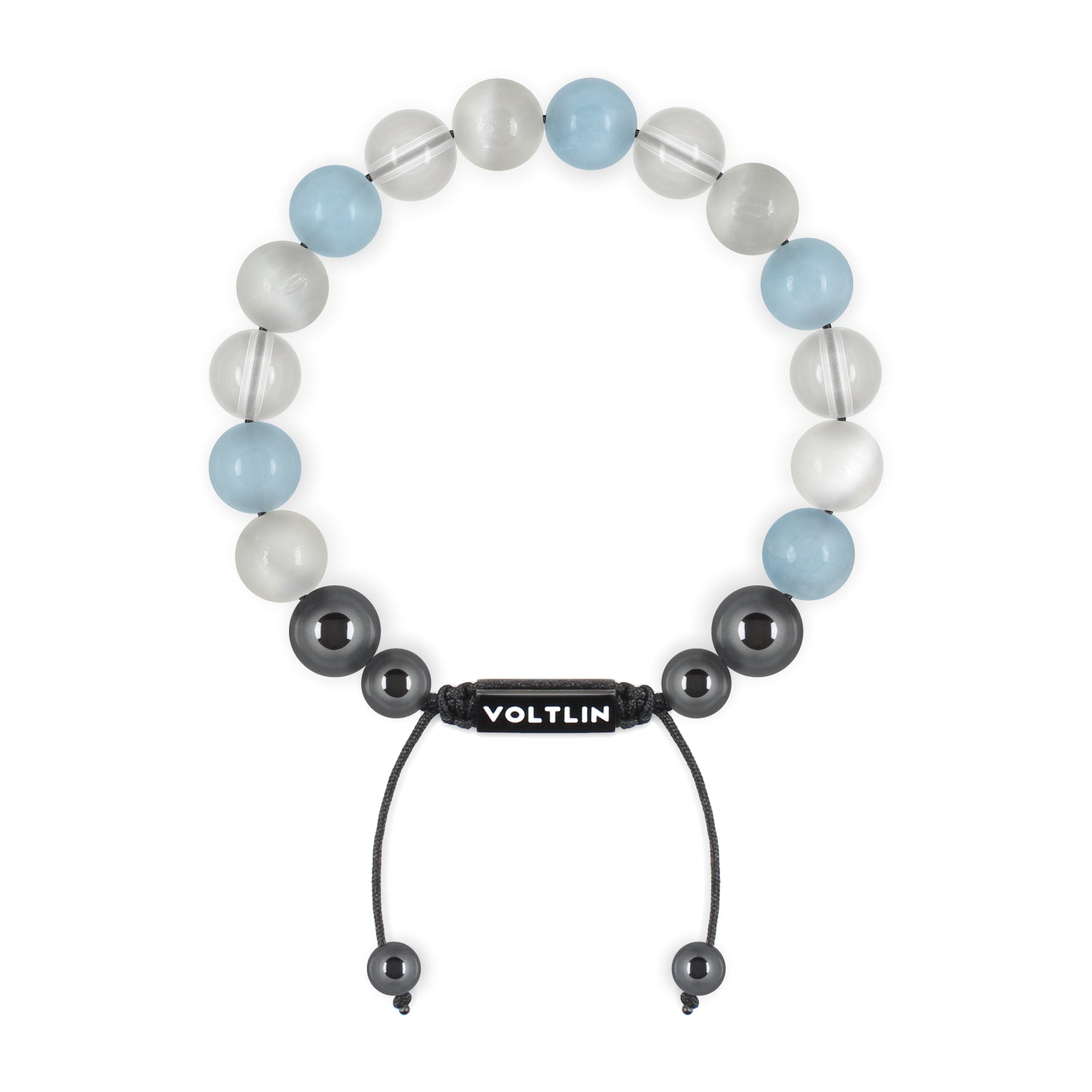 Top view of a 10mm Aquarius Zodiac crystal beaded shamballa bracelet with black stainless steel logo bead made by Voltlin