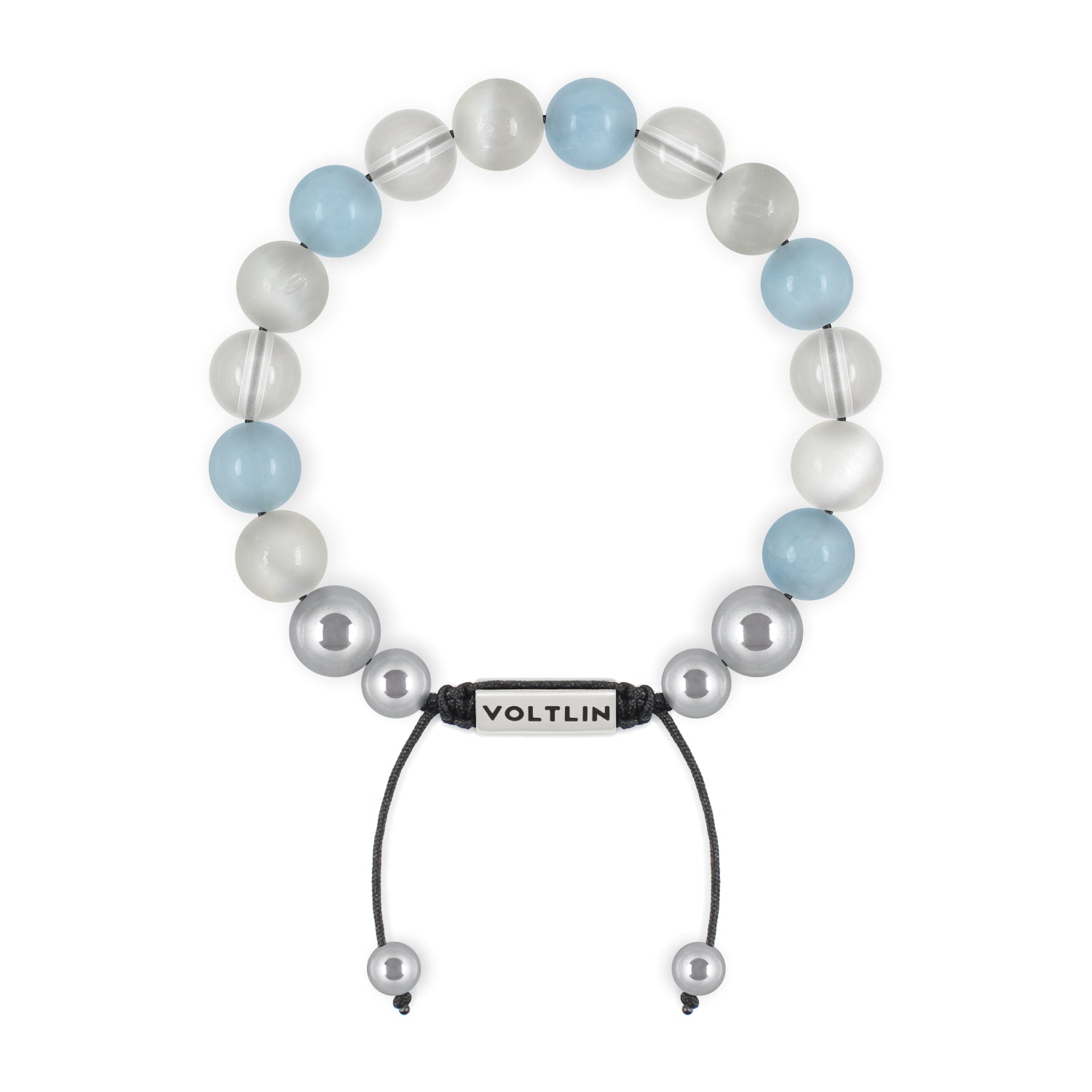 Top view of a 10mm Aquarius Zodiac beaded shamballa bracelet featuring Selenite, Aquamarine, & Quartz crystal and silver stainless steel logo bead made by Voltlin