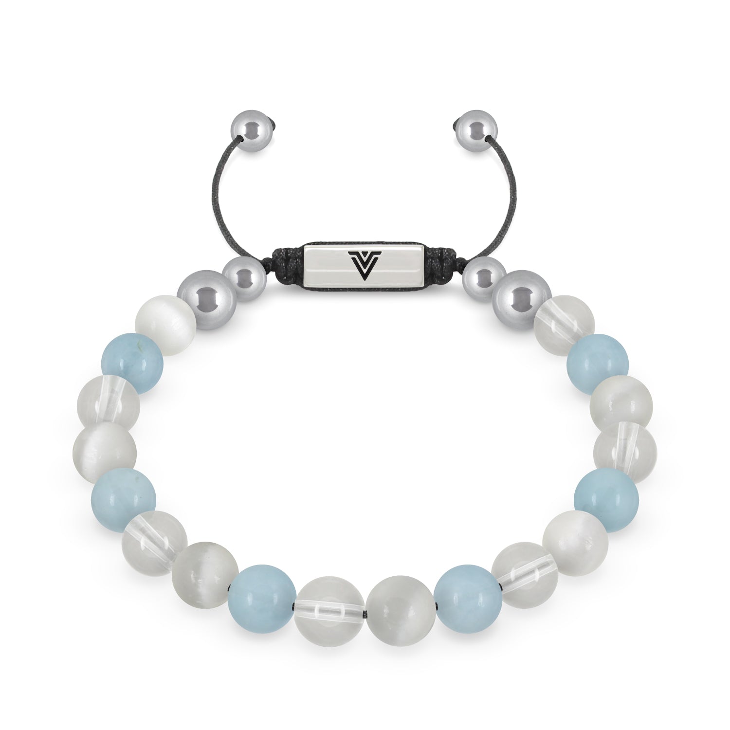Front view of an 8mm Aquarius Zodiac beaded shamballa bracelet featuring Selenite, Aquamarine, & Quartz crystal and silver stainless steel logo bead made by Voltlin